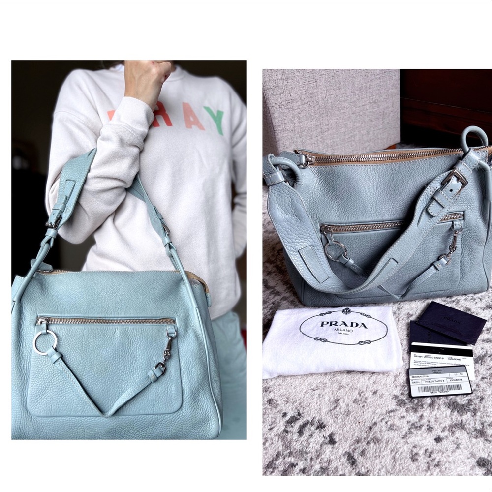 PRADA vitello diano blue leather shoulder bag purse with verification cards.